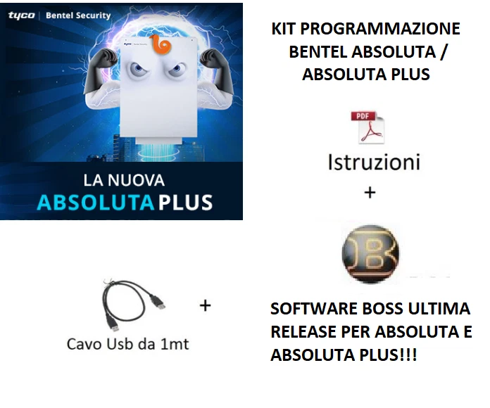 BENTEL SECURITY ISTRUZIONI + software BOSS + cavo USB 1 mt programmazione bentel absoluta PLUS