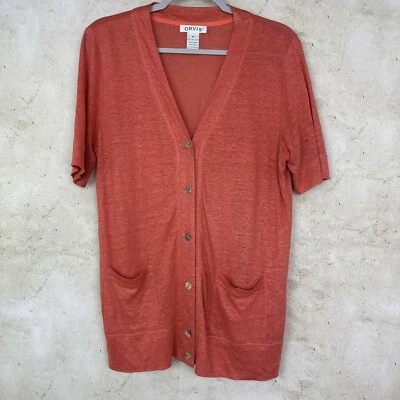 Cárdigan Orvis 100 % lino botón delantero para mujer M naranja cuello en V manga corta tejido Foto 1 de 4