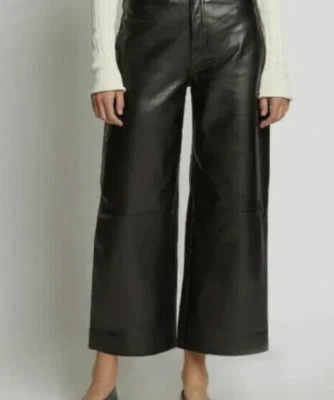 Worth $1,200 Genuine Leather Pants Wide Leg Cropped Size 6 Dark Brown / Black - Image 1 of 4