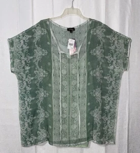 NWT XL Cal Style USA Women's Green Sheer V-Neck Top With Cami Short Sleeve - Picture 1 of 13