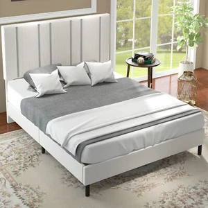 Queen Size Bed Frame Metal Slat Upholstered Platform Bed w/ 52'' Headboard Beige - Picture 1 of 5