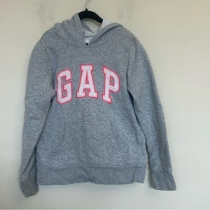 68. GAP Girls Gray Hoodie Sweatshirt Pink Logo Fleece Lined Size 8 Casual Warm - Picture 1 of 7