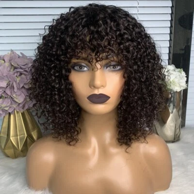Afro Machine Made With Bangs Wig Brazilian Curly Hair None Lace Human Hair Wigs - Image 1 of 4