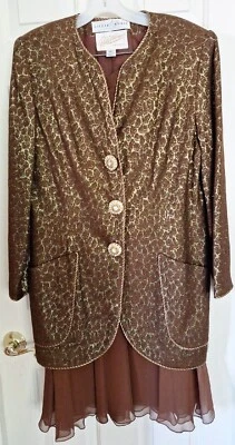 LILLIE RUBIN - RICKIE FREEMAN TJ NITES Traje Dorado Marrón Metálico - Falda de Seda -14 Foto 1 de 4