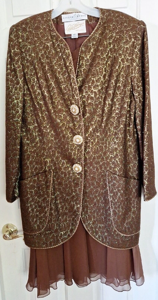 Terno metálico marrom dourado LILLIE RUBIN - RICKIE FREEMAN TJ NITES - Saia de seda -14 - Imagem 1 de 4