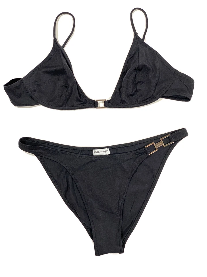 Vintage 90s y2k Dolce & Gabbana Swimsuit Black High Thigh Bikini 00s Metal M - Image 1 of 4