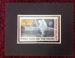 MATTED UNUSED U.S. POSTAGE STAMP FOR APOLLO 11 MOON LANDING - FIRST MAN ON MOON - Picture 1 of 2