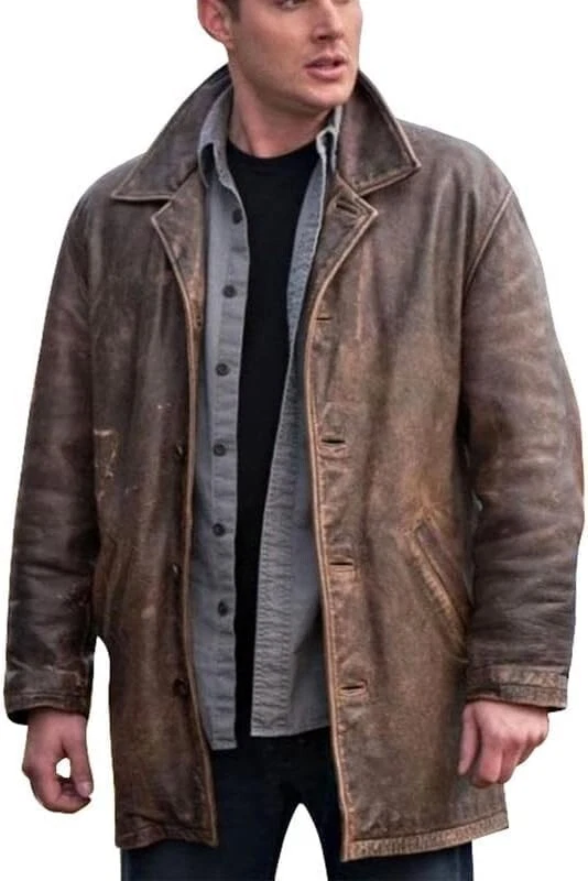 Chaqueta Dean Winchester - Abrigo de cuero Jensen Ackles marrón vintage 3/4 longitud media Foto 1 de 1