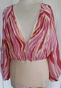 Brand New BOO HOO Pink STRIPED Pleated SATIN LOOSE Sleeve BODYSUIT BLOUSE Top 16 - Picture 1 of 6
