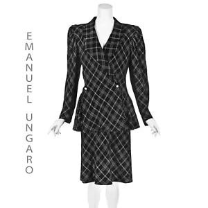 Traje Chaqueta EMANUEL UNGARO Vintage Blanco y Negro Seda Cruda Cuadros Peplum Talla 12 L - Imagen 1 de 12