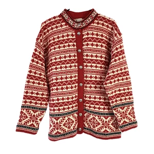 Vintage LL Bean Wool Blend Red Snowflake Winter Sweater Cardigan Womens Large - Picture 1 of 10