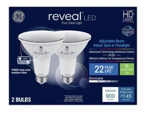 GE 2pk 75W Reveal PAR30 LED Light Bulbs Dimmable 12W Floodlight,900 Lumens,2700K - Picture 1 of 5