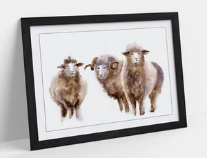 WATERCOLOUR SHEEP PAINTING -DEEP FRAMED WALL ART PICTURE PAPER PRINT - Picture 1 of 10