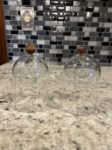 Par de cúpulas de exhibición de vidrio de 4" x 3" con ganchos de mango de madera / pantallas pequeñas - Imagen 1 de 3