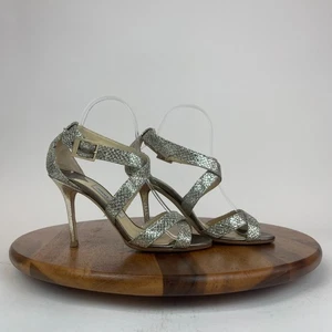 Women's Jimmy Choo Silver Glitter Leather Ankle Strappy High Heels 38 US 8 GUC - Picture 1 of 18