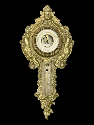 Antique French Gilded Bronze Barometer Art Nouveau Cherubs - Image 1 of 3