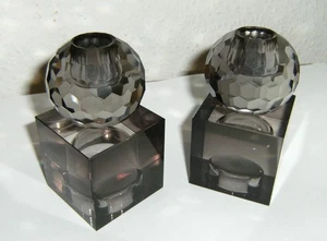 2 Kristall Kerzenhalter 11cmH, 8cmD schliff rauchgrau Stabkerzen/Teelichter Glas - Bild 1 von 8