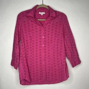 Coldwater Creek L 14 Eyelet 3/4 Sleeve Button Down Blouse Top Fuschia Hot Pink - Picture 1 of 5
