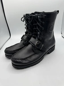 Polo Ralph Lauren Boots Men 9.5 Black Leather Buckle Logo Strap Preppy Ranger - Picture 1 of 12