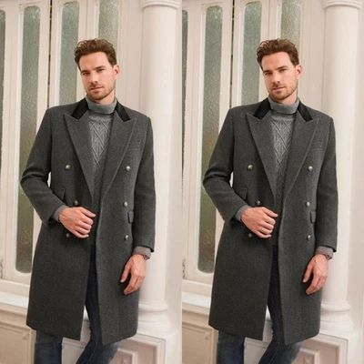 灰色男式大衣羊绒休闲商务双排扣长款夹克 — 第 1/4 张图片