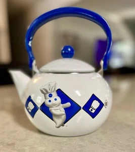 VINTAGE PILLSBURY TEIGBOY EMAILLE TEEKANNE WASSERKOCHER 1999 BLAU & WEISS EINZIGARTIG SIEHE BILDER - Bild 1 von 6