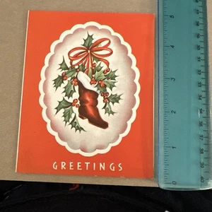 Vintage Mid Century Weihnachtskarte Grüße rote Stiefel grüne Stechpalme - Bild 1 von 3