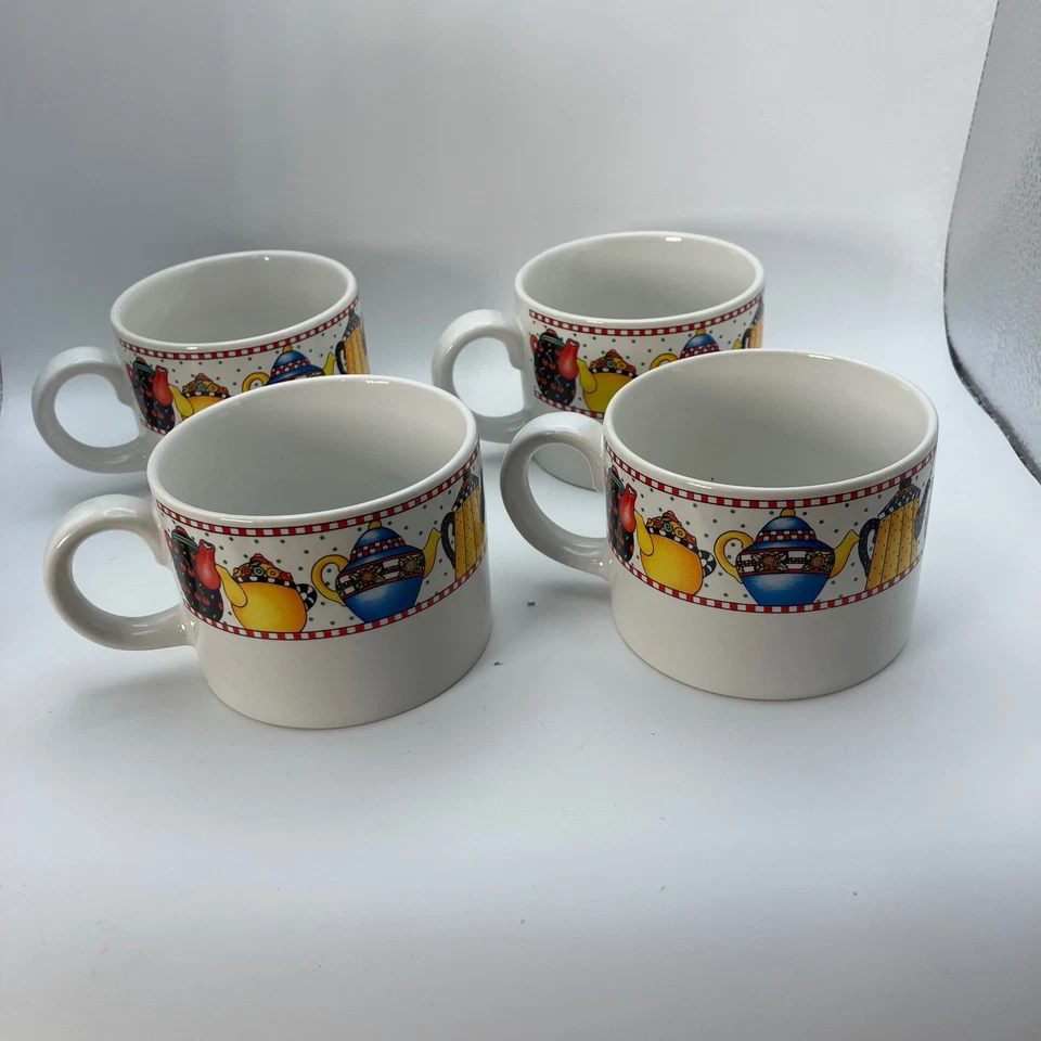 Juego de 4 tazas de té de la tarde Mary Engelbreit Sakura 1994 gres vintage Foto 1 de 4