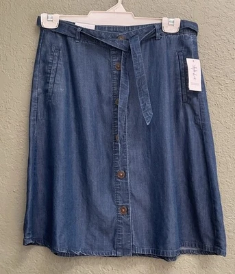 NUEVO NUEVO CON ETIQUETAS Style & Co Azul Cambray Denim Vaqueros Botones Cinturón Falda Talla 4 Foto 1 de 4