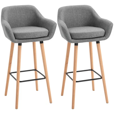 2 PIECE MODERN UPHOLSTERED FABRIC BUCKET SEAT BAR STOOLS SOLID WOOD LEGS GREY - Image 1 of 4