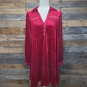 Umgee Women’s Red Velvet Tiered Collared Holiday Long Sleeve Dress Medium - Picture 1 of 10