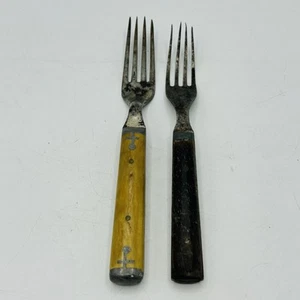 Lot 2 Antique Civil War Era Steel Dinner Fork Inlaid Bone? Wood? Handle 4 Tines - Picture 1 of 14