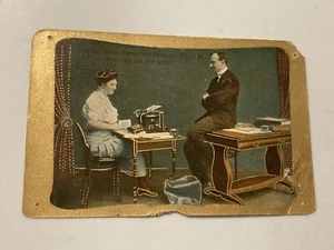 1910 Romance Humor Postcard - Man & Woman in the Workplace - Gold Gilded Germany - Picture 1 of 4