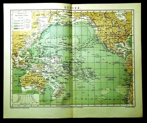 1894 OLD GEOGRAPHICAL PRINT:MAPPA DELLE TERRE EMERSE OCEANO PACIFICO.Brockhaus. - Foto 1 di 1