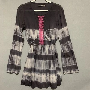Athleta Top Womens Medium Gray Tie Dye Stripe Embroidered Tie Tunic 1/4 zip - Picture 1 of 9