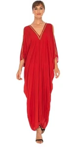 SHU-SHI Womens Kaftan Cover Up Long Maxi Dress Cold Shoulder Gold Beads V Neck - Picture 1 of 6