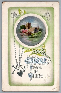 Postcard c1912 Easter Peace By Thine Embossed Cross Heart Anchor Scenic House - Picture 1 of 2
