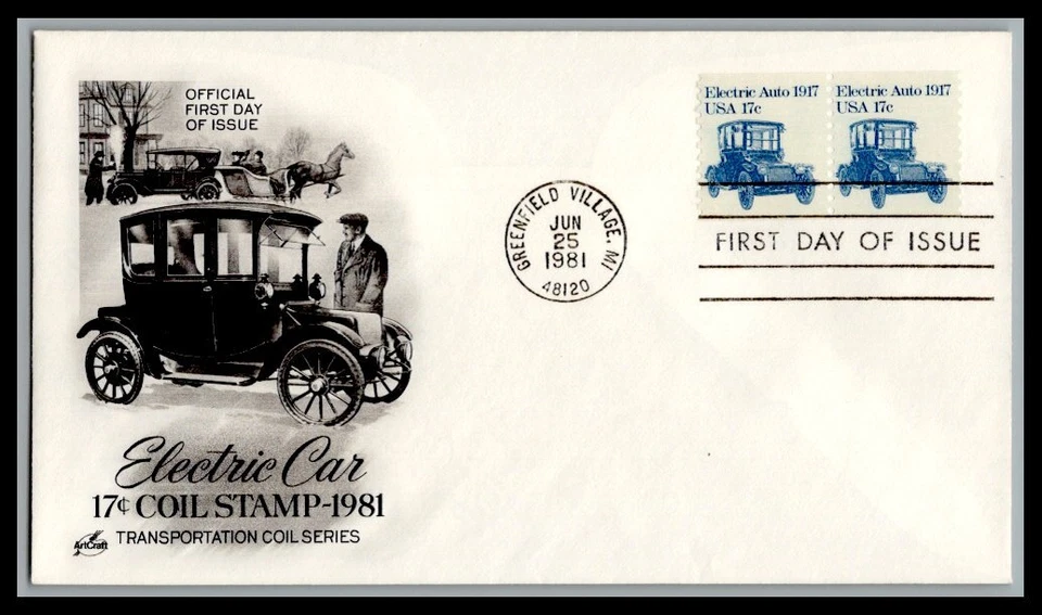 US FDC # 1906 17c Electric Auto ArtCraft pair Transportation 1981, 0a679 - Image 1 of 1