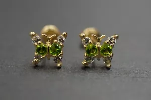 14K Solid Yellow Gold Green Peridot Birthstones Butterfly Screw Back Earrings. - Picture 1 of 11