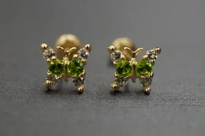 14K Solid Yellow Gold Green Peridot Birthstones Butterfly Screw Back Earrings. - Image 1 of 4