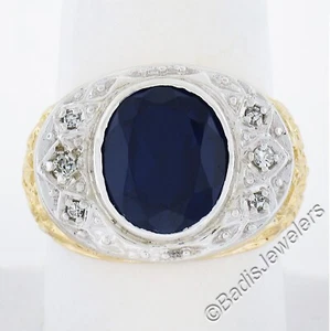 Vintage 18k TT Gold Oval Lab Created Sapphire & Diamond Repousse Work Band Ring - Picture 1 of 8