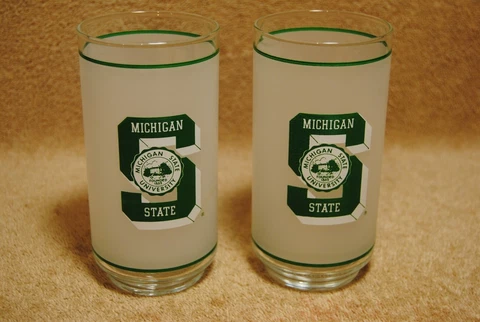 Vintage Michigan State Spartans Frosted Drinking Glasses Mobil Gas Promo Tumbler Cover