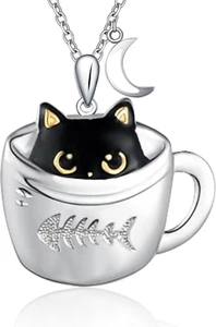 Black Cat and Moon Necklace Sterling Silver Pendant Jewelry Gifts for Women Teen - Picture 1 of 6