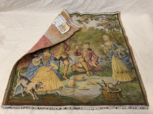 Antike belgische Goblins Wandteppich 19""x19"" edles Picknick Rambouillet gewebt mit Etikett - Bild 1 von 6