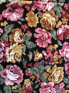 Wamsutta OTC Black Cotton Blend Fabric w/ Red Pink Amber Flowers 43” x 100” - Picture 1 of 3