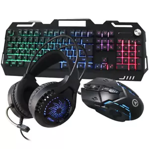 Gaming RGB Full Size US Backlit Metal Frame Keyboard Mouse Headphone Combo Set - Picture 1 of 15