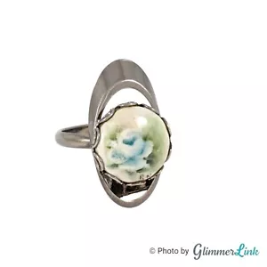 Anello Vintage Floreale Dipinto a Mano Porcellana Rosa Blu Regolabile Tono Argento - Foto 1 di 4