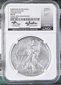 W Eagle 2016 bruñido - borde con letras S $1 30 aniversario doble firma - Imagen 1 de 3