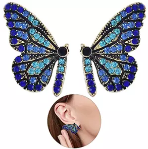 Butterfly Blue Earrings Rhinestone Stainless Steel Vintage Valentine Day Jewel - Picture 1 of 7