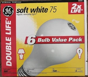 6 Pack Vintage/Old Style GE 75W Light Bulbs Soft White Standard Base Double Life - Picture 1 of 2