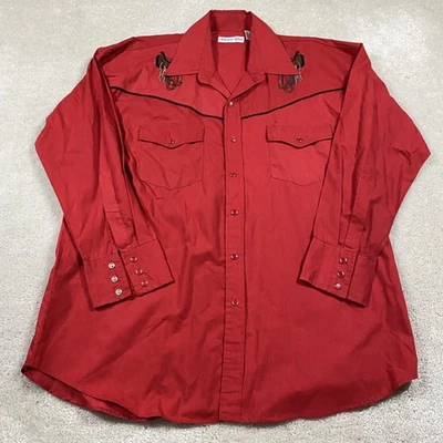 VTG Western Club Shirt Mens XL Red Pearl Snap Western Cowboy Embroidered Saddles - Image 1 of 4